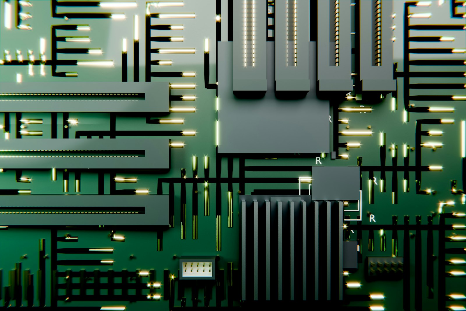 Intricate green circuit board featuring glowing lines and components