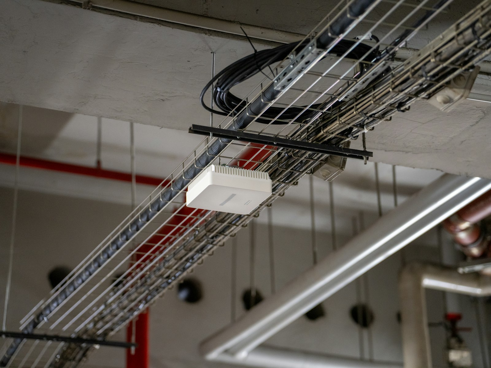 Cables, pipes, and a white box on a utility ceiling