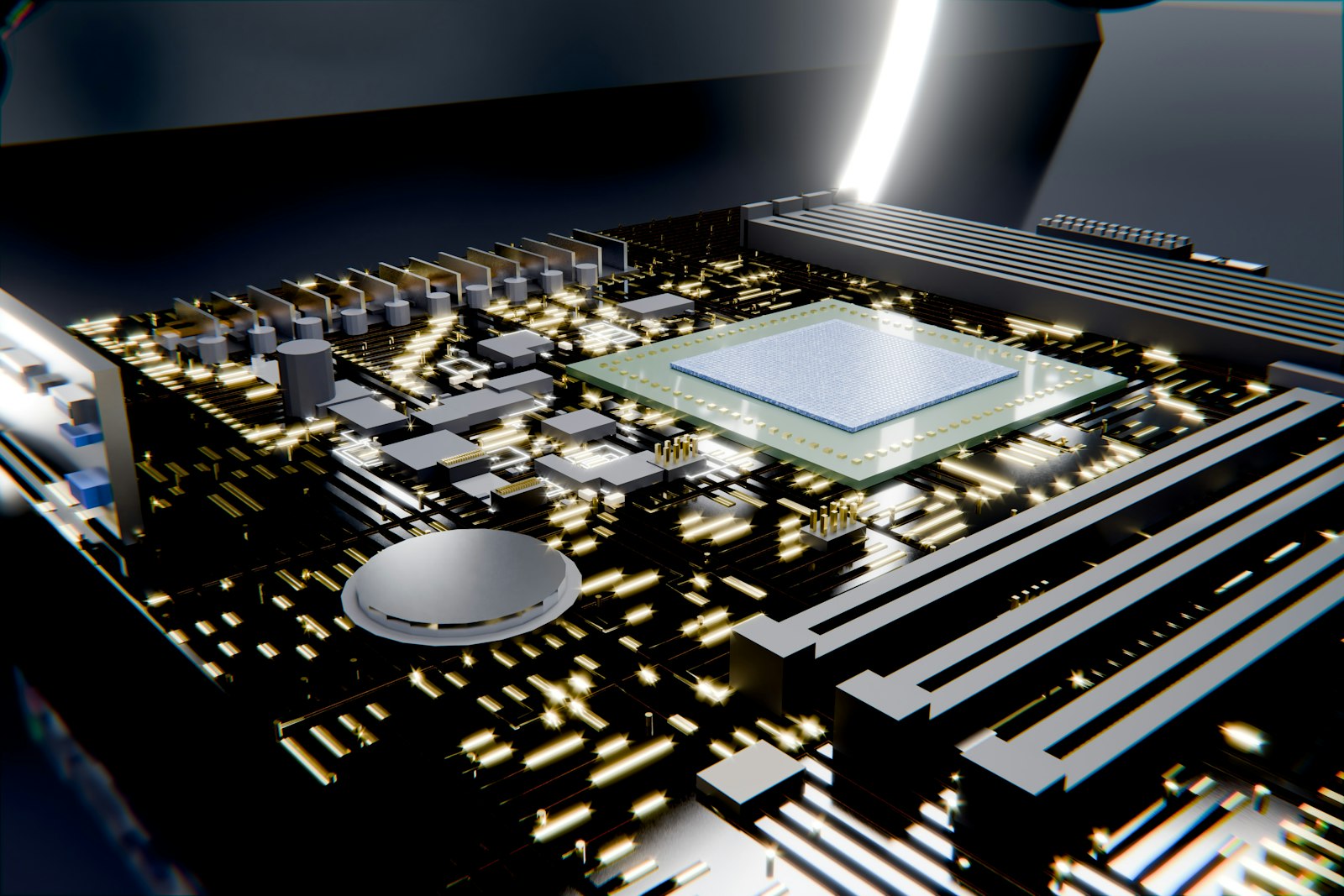 A detailed view of a computer motherboard with glowing components