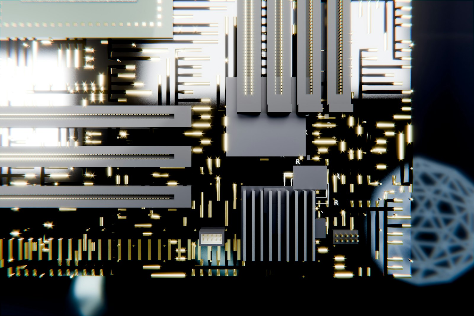 Intricate electronic circuit board with illuminated pathways and components
