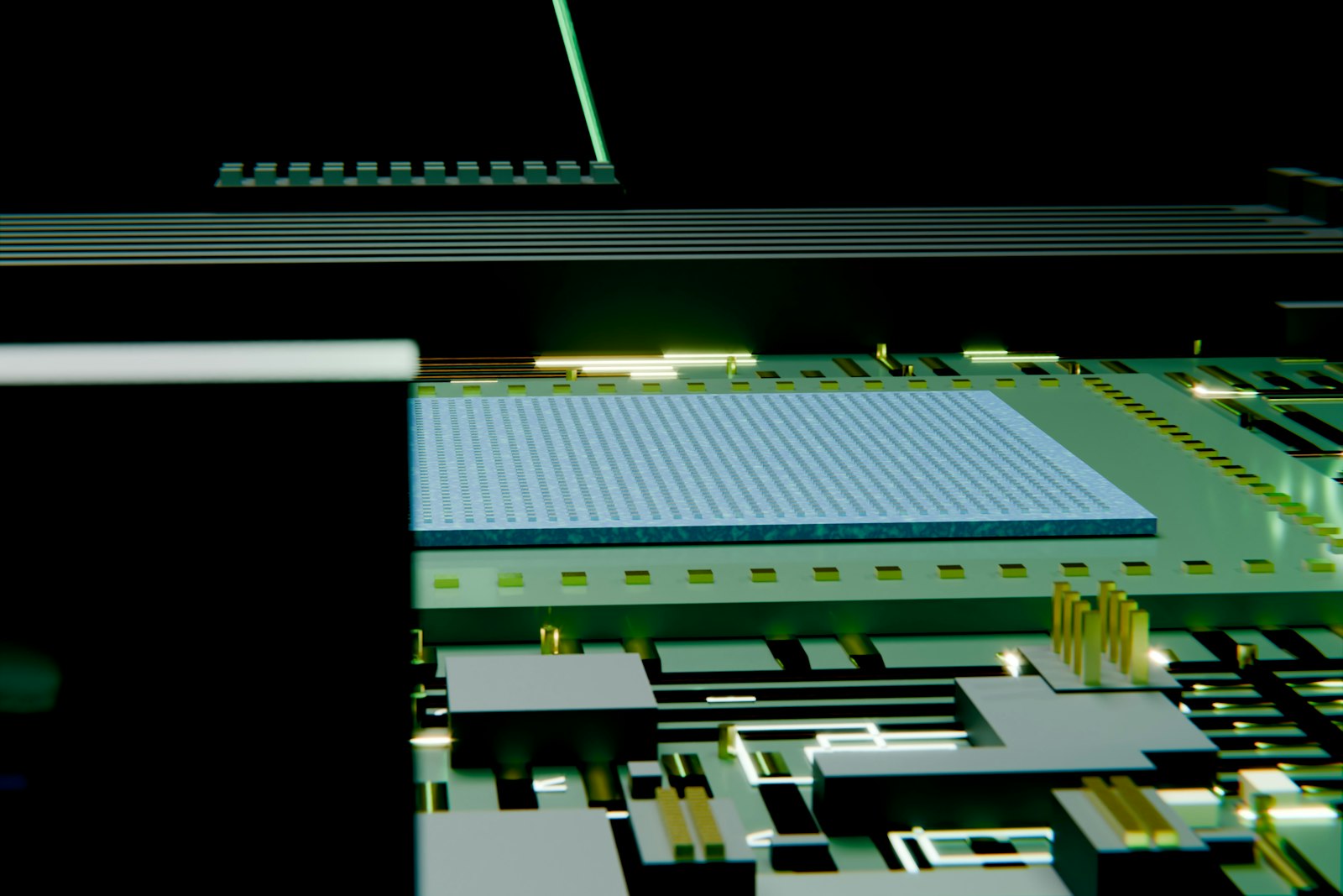 Electronic circuit board with a prominent blue microchip