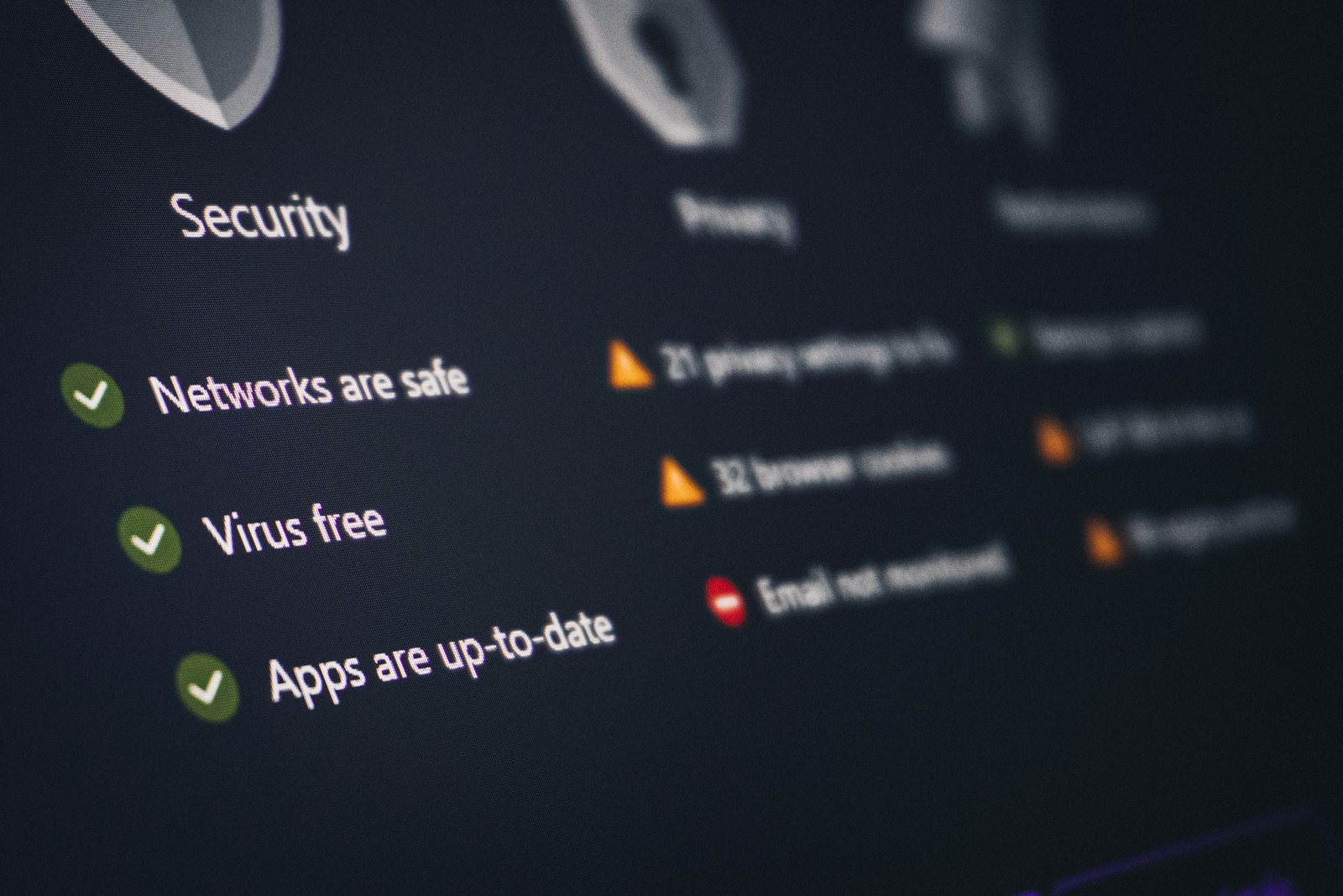 A security and privacy dashboard with its status