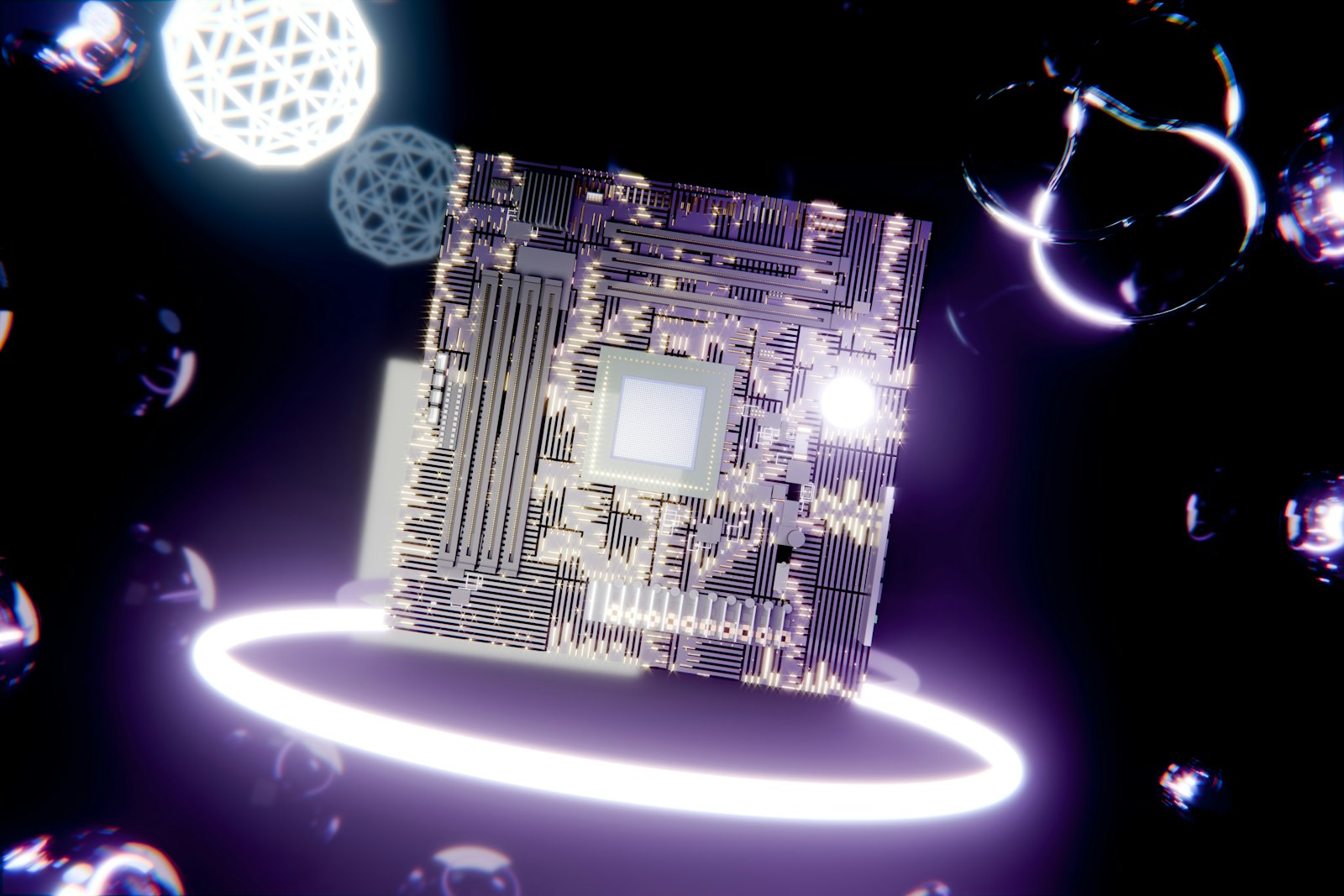 Computer motherboard illuminated by a purple ring and glowing spheres