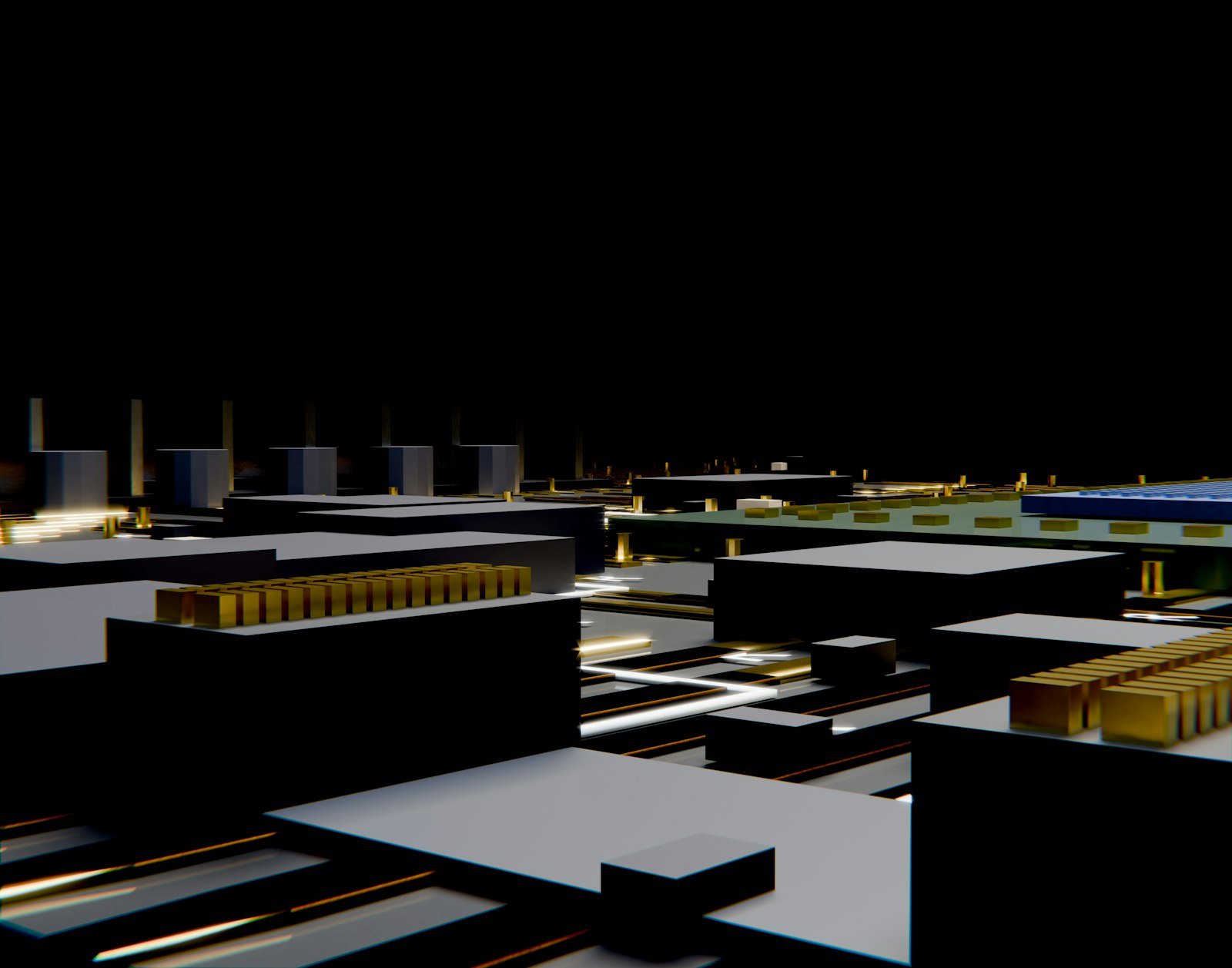Abstract dark cityscape with glowing golden lights