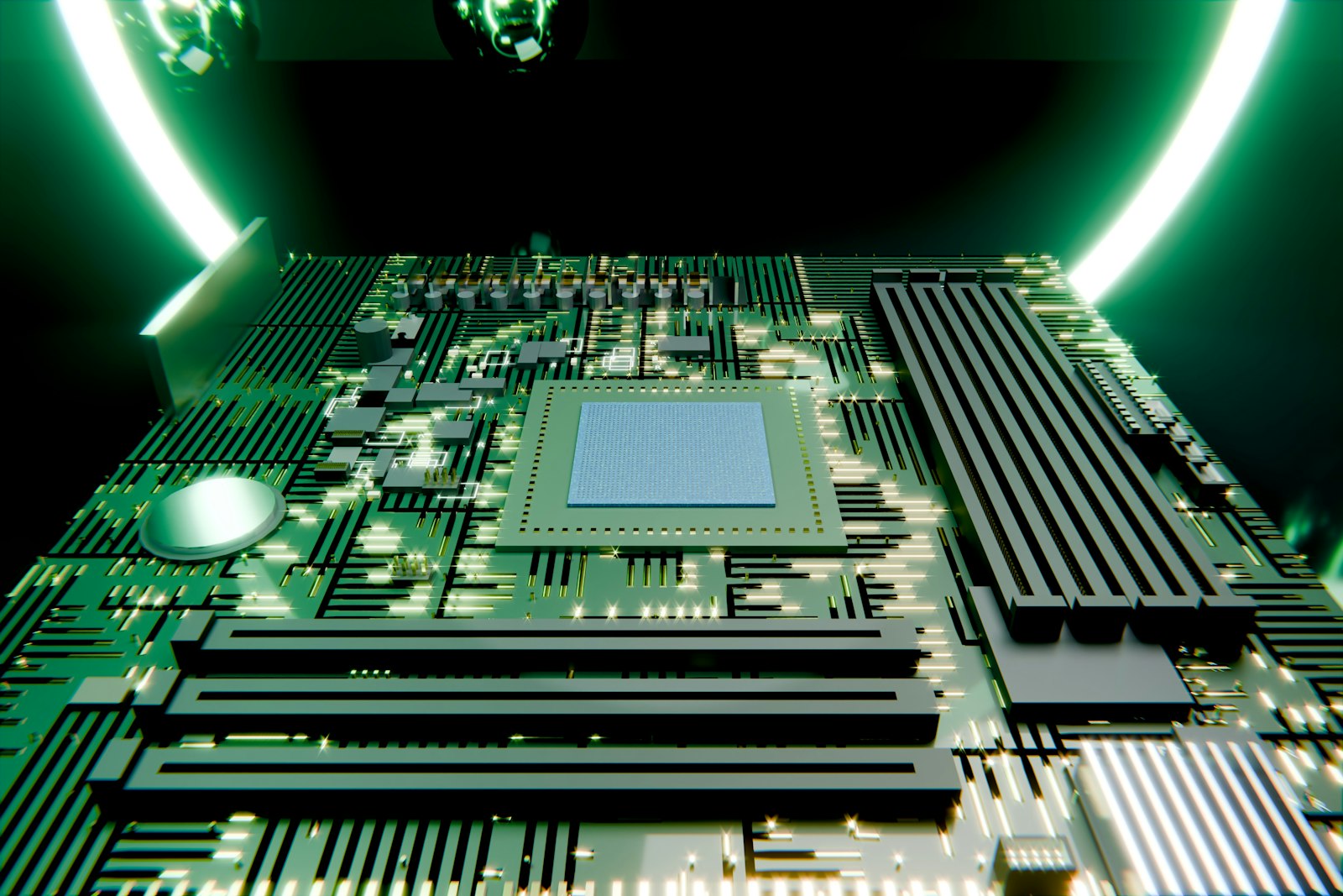 Green circuit board with a central processor and glowing light