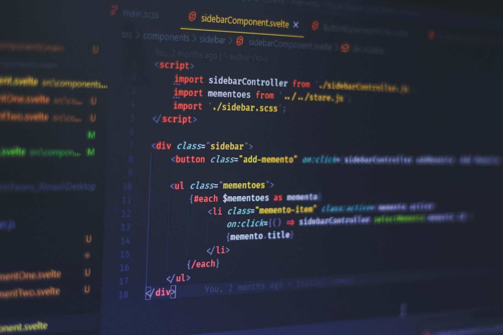 Svelte code displayed on a dark computer screen in a code editor