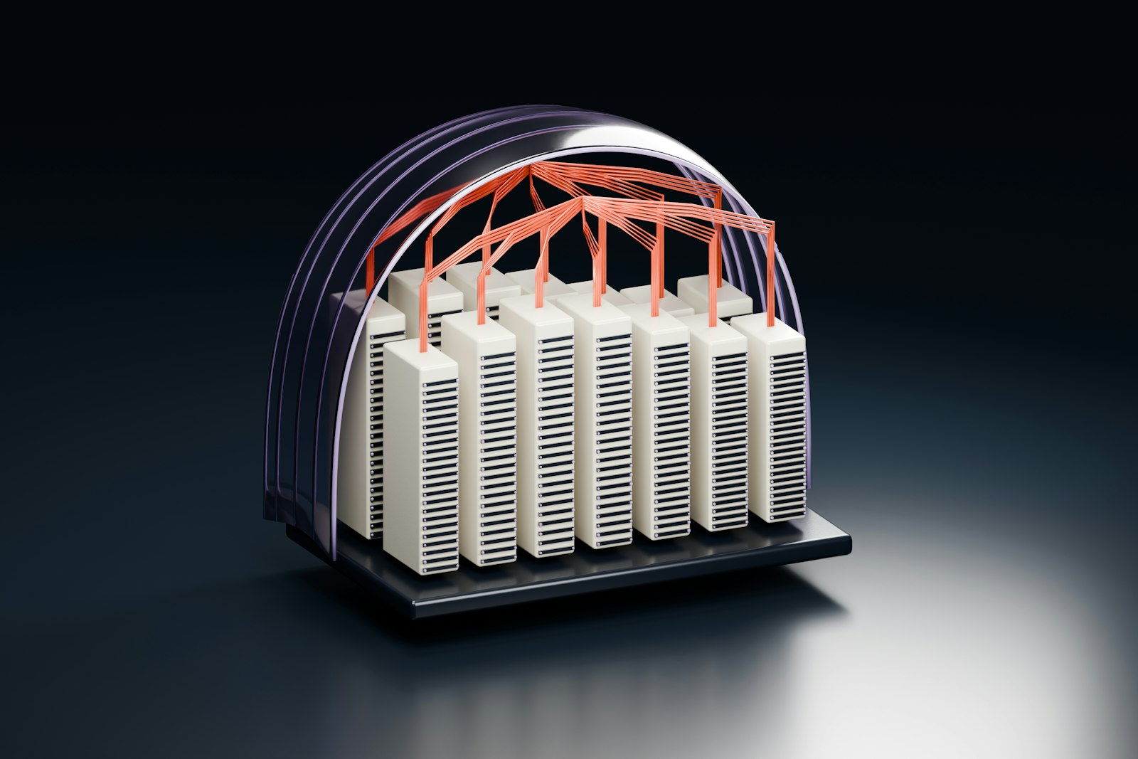 A group of server towers connected by orange cables under a translucent dome