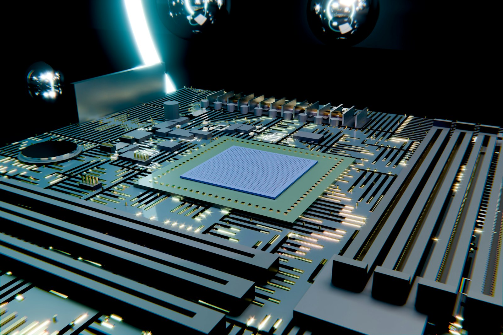 A glowing central processing unit on a detailed circuit board