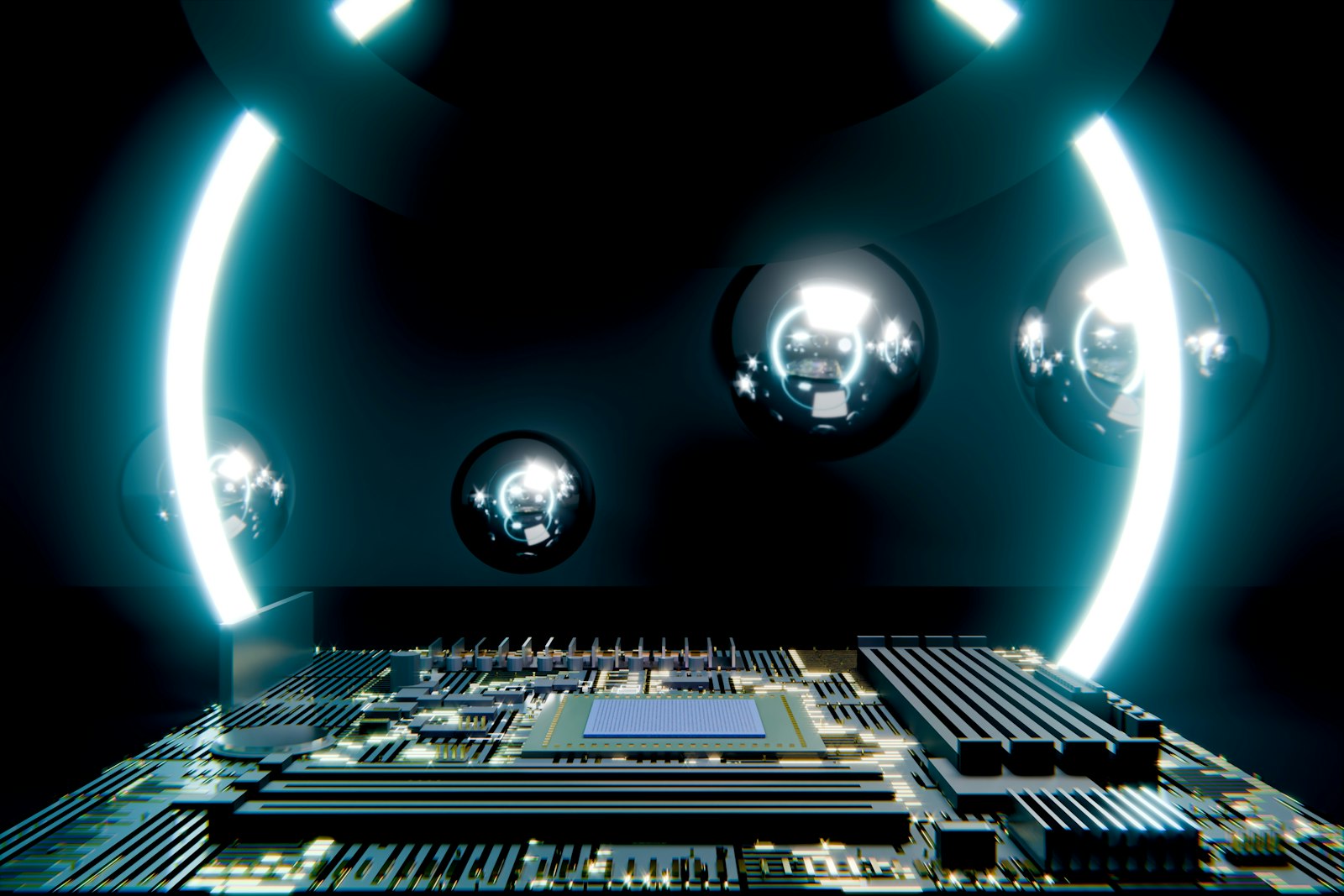 Futuristic circuit board with glowing blue arcs and spheres