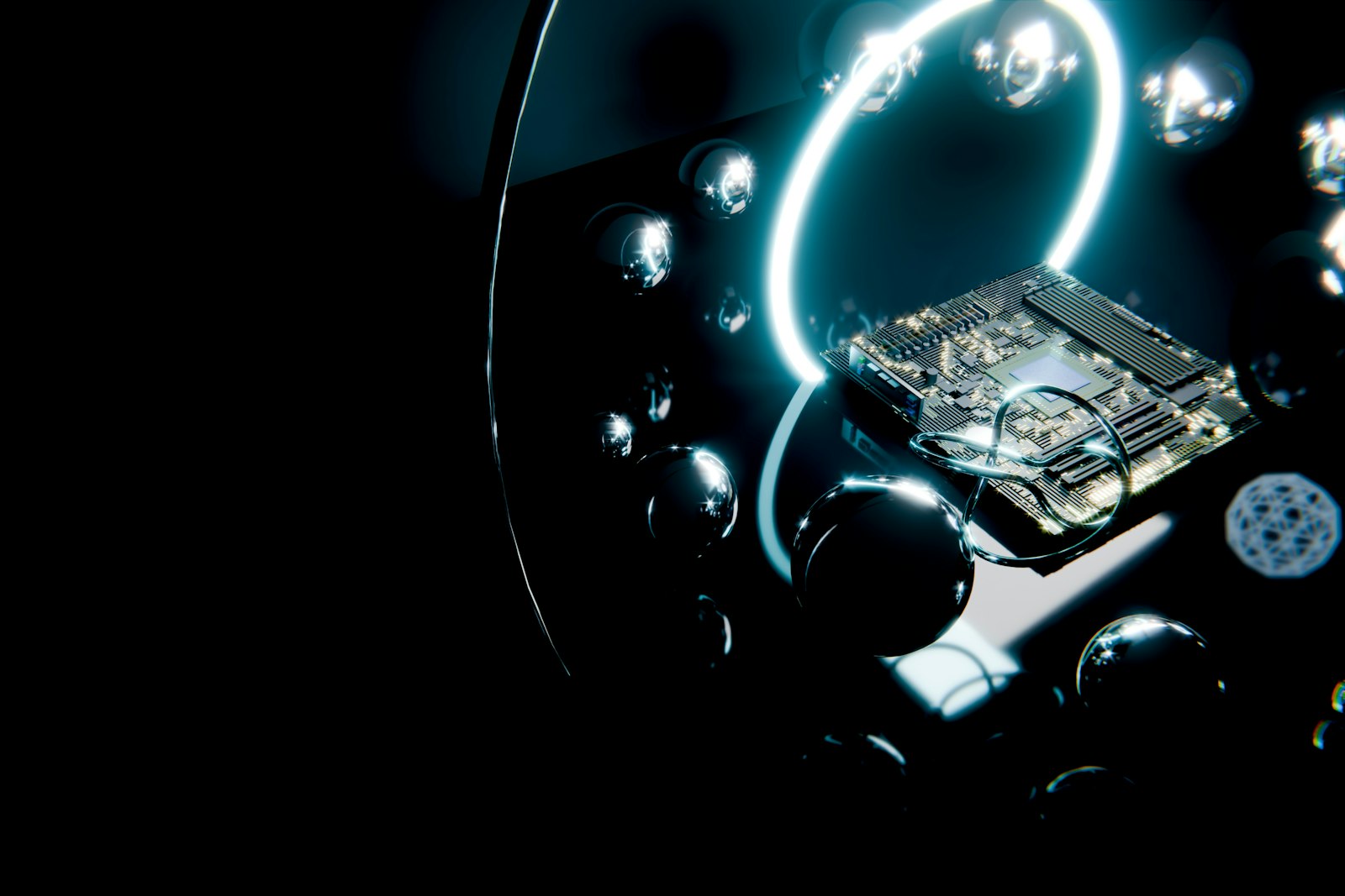 Circuit board with glowing ring and reflective spheres
