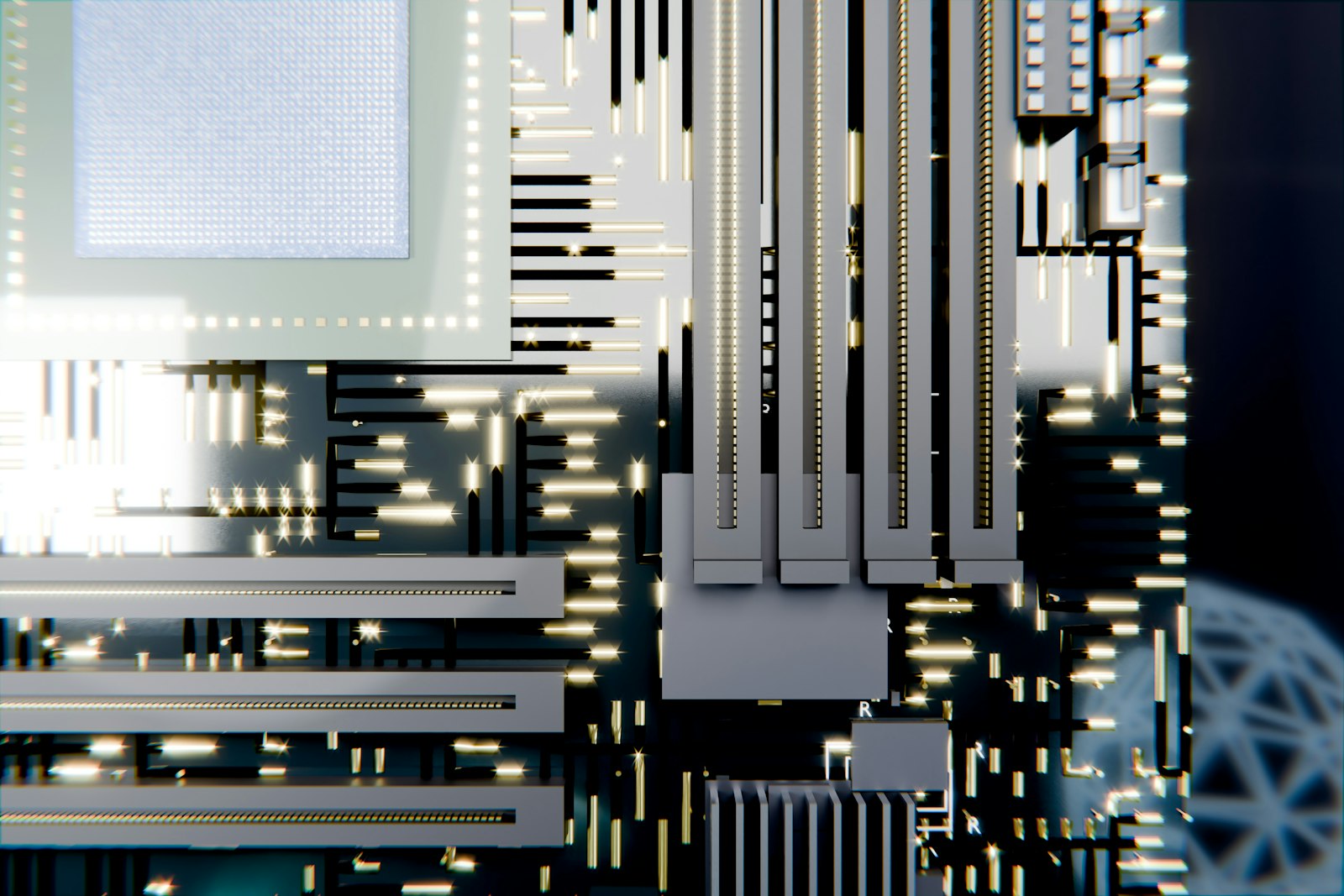 Illuminated circuit board with glowing traces and electronic components